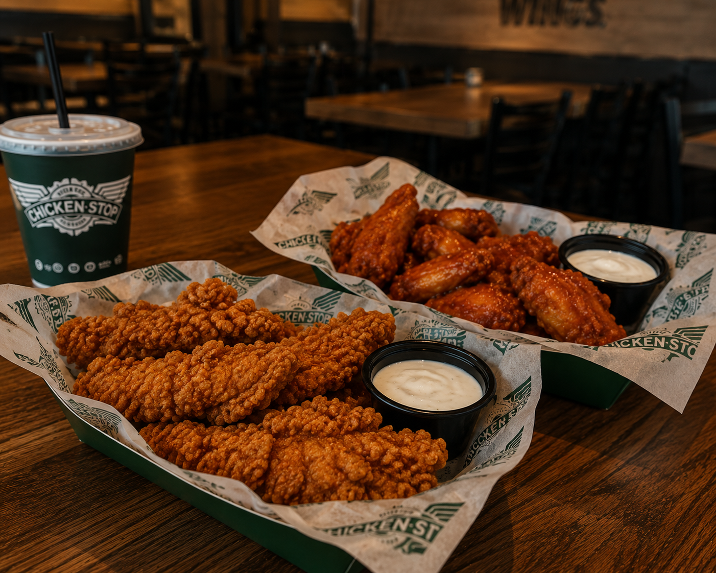 Chicken Tenders und Hot Wings mit Dips